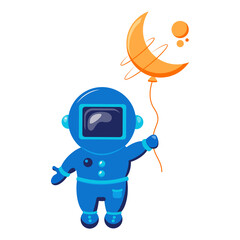 Funny spaceman fly with moon like a balloon. Funny cosmonaut.