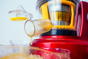 raw food diet concept oranges and juicemachine in white background