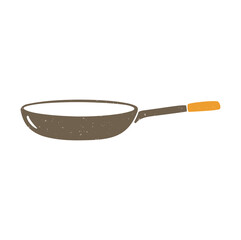 Cute frying pan. Brown pan with orange handle on a transparent background. Vector shabby hand drawn illustration