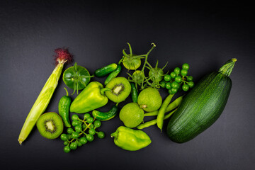 Green vegetables and fruits top view
