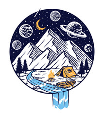 Fototapeta premium Camping in the mountains at night vector illustration