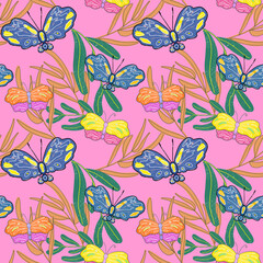 cute bright colorful beautiful pink pattern with branches flowers and butterflies