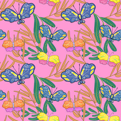 cute bright colorful beautiful pink pattern with branches flowers and butterflies