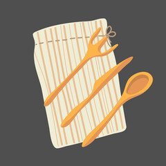 Vector illustration of reusable cutlery, wooden forks, spoons and knife in a cotton bag. Eco-friendly flat style tableware, trendy clip-art illustration isolated on dark background. Vector