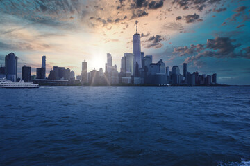 Manhattan New York City sunset view from the Hudson river, Midtown and downtown districts