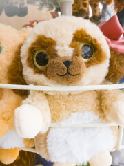 Closeup shot of a Bear doll placed in a toy shop with cream and brown combined head.
