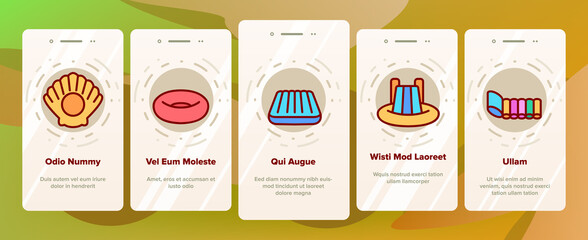 Swimming Ring And Pool Mattress Onboarding Mobile App Page Screen Vector. Swimming Ring In Different Form, Duck And Donut, Heart And Shell, Horse And Flamingo Illustrations