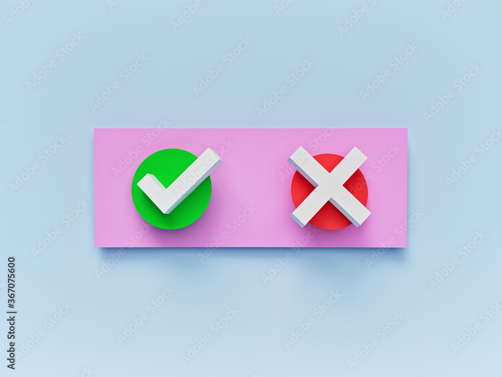 Poster tick and cross check marks icon on minimal pastel colors background. 3d rendering