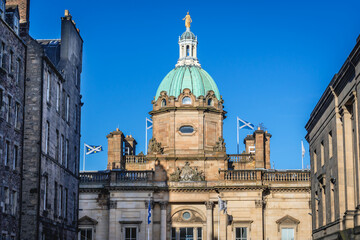 Fototapeta na wymiar Bank of Scotland building with green dome in the Old Town of Edinburgh city, Scotland, UK