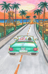 green car on the road to the beach sunset