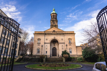 Front view and tower of Church of St Patrick in Edinburgh city, Scotland, UK