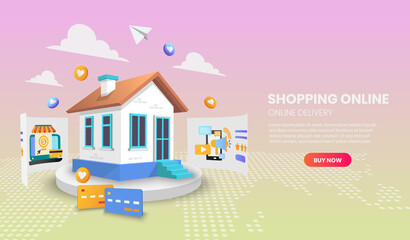 Shopping online with house concept. Online delivery service.3d vector illustration.
