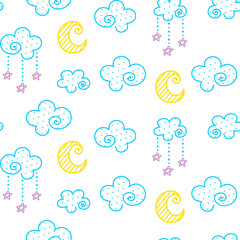 Striped Moon, clouds with dot texture and stars on beads on a white background in doodle style. Vector seamless pattern for kid's wallpaper, wrapping paper, packaging, printing on fabric and clothes