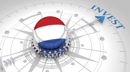 Business concept. Abstract compass points to the invest word. Flag of the Netherlands. 3D rendering