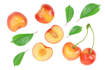 yellow-red sweet cherry isolated on white background with clipping path . Top view. Flat lay