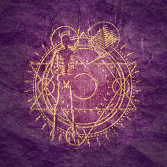 Mystery, witchcraft, occult and alchemy tattoo sign. Mystical vintage gothic geometry thin lines symbol with silhouette of a human skeleton. Grunge style illustration