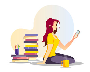 Woman sitting with phone and stacks of books. Bookstore, bookshop, book lovers, E-book reader, E-library concept. Isolated vector illustration for poster, banner, card, cover.