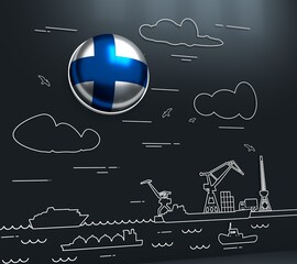 Sea port, marine cargo terminal, freight vessels or ships carrying containers drawn with contour lines. Maritime transportation. Illustration in linear style. Flag of the Finland. 3D rendering