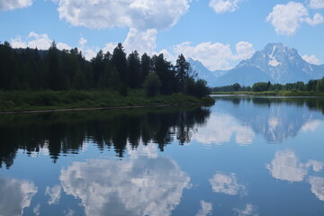 Reflective lake and Mount Moran in the Tetons