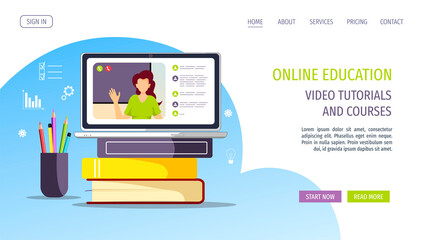 Web page design for Studying, Online training, distance education, e-learning, tutorials and courses. Laptop with teacher on the screen and books. Vector illustration for poster, banner, website.