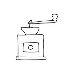 Classic coffee grinder in woden case. Doodle coffee grinder icon in vector. Hand drawn coffee grinder illustration in vector.