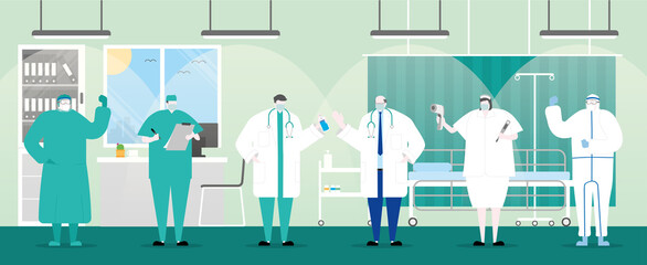Obraz premium Character design. Group of doctors team standing in the hospital