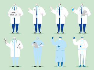 Character design. The senior doctor in medical uniform and PPE