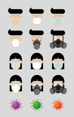 Cartoon style. Character design. Asian men and women wear masks to protect a virus.