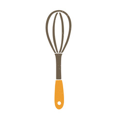 Cute brown kitchen whisk with orange handle isolated on a transparent background. Vector shabby hand drawn illustration