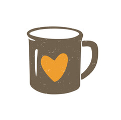 Cute tea or coffee cup. Brown cup with orange heart on a transparent background. Vector shabby hand drawn illustration