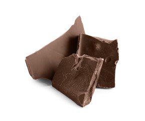 Pieces of dark chocolate isolated on white