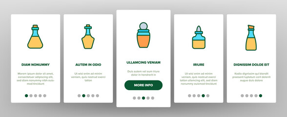 Oil Bottle Package Onboarding Mobile App Page Screen Vector. Oil Bottle With Pump And Measuring Scale, Amphora And Classical Form Container Illustrations