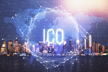 Multi exposure of cryptocurrency theme hologram drawing and city veiw background. Concept of blockchain and bitcoin.