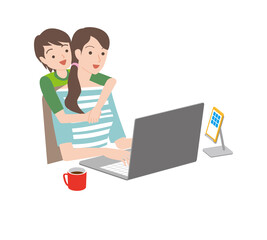 テレワーク、パソコンを操作する女性と子供