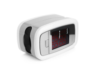 Modern fingertip pulse oximeter isolated on white