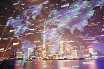 Data theme hologram drawing on city view with skyscrapers background multi exposure. Ai concept.