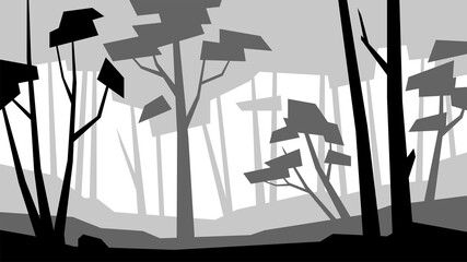 Naklejka na ściany i meble black and white low poly landscape, dense, woods, tree, silhouette, vector illustration