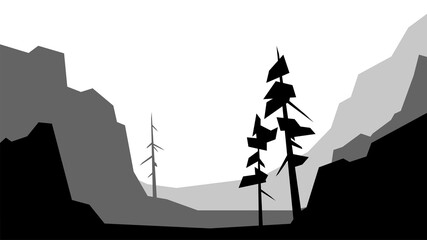black and white low poly landscape, vector, spruce, mountain, hill, valley, silhouette, illustration