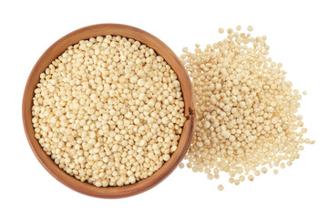 white quinoa seeds in wooden bowl isolated on white background with clipping path and full depth of field. Top view. Flat lay.