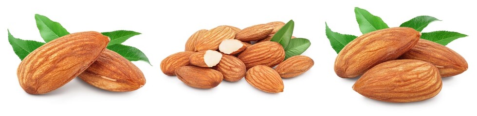 Almonds nuts with leaves isolated on white background with clipping path and full depth of field. Set or collection