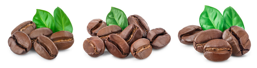 Heap of roasted coffee beans with leaves isolated on white background . Top view. Flat lay.