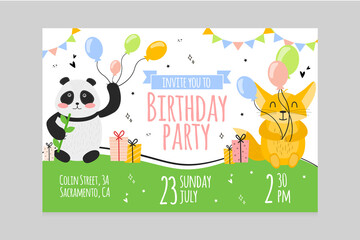 Obraz na płótnie Canvas Vector illustration invitation card with animals Fenech and Panda, with balloons in the paws, gift boxes, holiday pennants, the inscription invite you to birthday party, hearts, stars, doodle