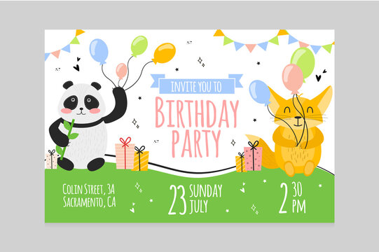 Vector illustration invitation card with animals Fenech and Panda, with balloons in the paws, gift boxes, holiday pennants, the inscription invite you to birthday party, hearts, stars, doodle