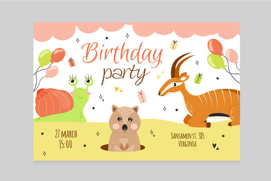 Vector illustration invitation card. Invitation card with animals kvokka and antelope, snail, gift boxes, balloons, the inscription birthday party, on the background of hearts, stars, doodle