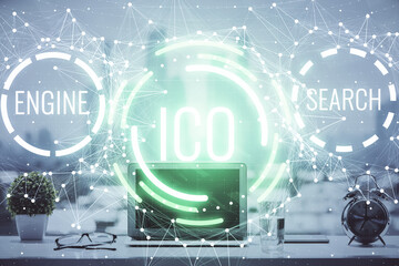 Double exposure of blockchain and crypto economy theme hologram and table with computer background....