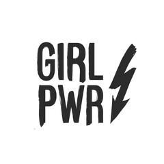 Lightning arrow and girl power. Feminist black elements on white background. Woman feminism textile t-shirt design. Female hand drawn brush graphic. Vector illustration. Girl power concept.