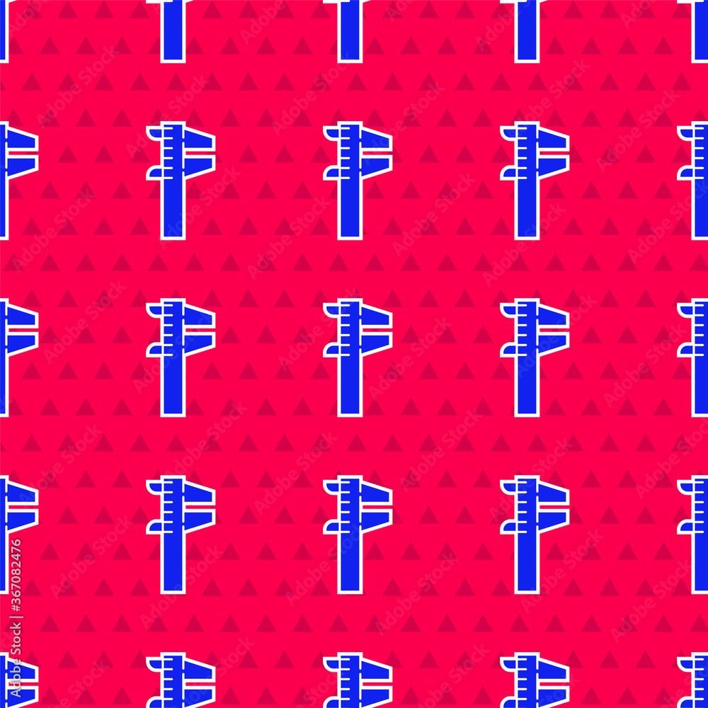 Poster blue calliper or caliper and scale icon isolated seamless pattern on red background. precision measu