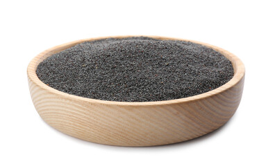 Poppy seeds in bowl isolated on white