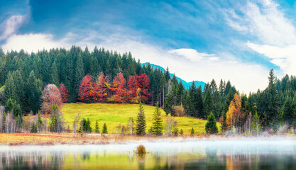 Marvelous view of Wagenbruchsee (Geroldsee) lake with Karwendelspitze mountain range on background.