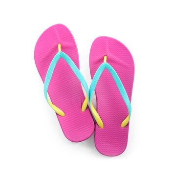 Pair of stylish pink flip flops isolated on white, top view. Beach object